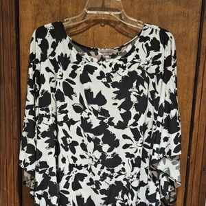 Vintage Fashion Bug Blouse/Tunic 3/4 Sleeve White/Black Floral Print Size 1X